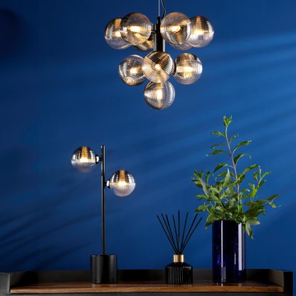 Vine 10 Light Pendant Satin Black & Smoked/Clear Ribbed Glass - Image 2