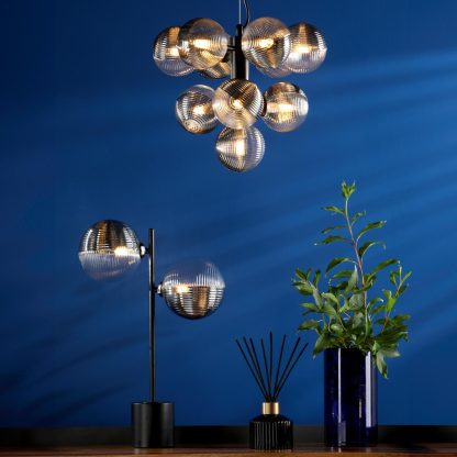 Vine 10 Light Pendant Satin Black & Smoked/Clear Ribbed Glass - Image 4